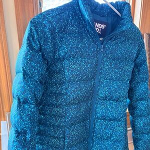 Lands End Teal Blue Green Geometric Print DOWN Puffer Jacket Womens XS 2-4